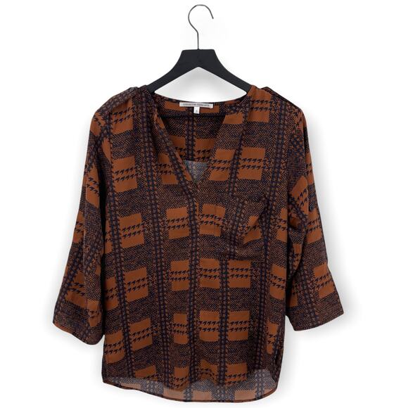 Collective Concepts Brown and Navy Patchwork Print Blouse Size Small - Picture 1 of 9